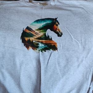 Gray T-Shirt with Horse and Landscape Design